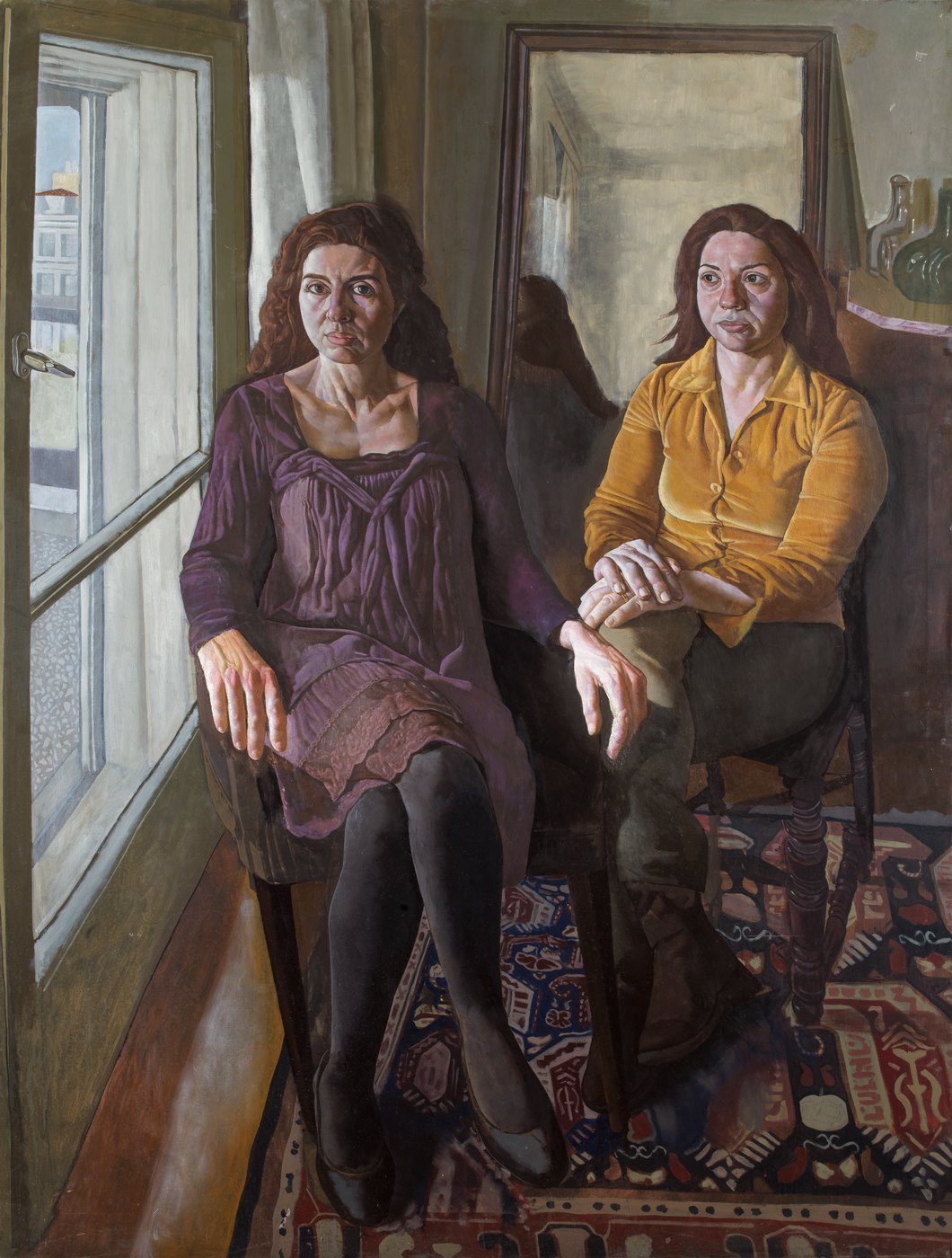 Aris Mertilis, The Other (Η Άλλη), oil on canvas. Two women seated by a window, one hand resting on the other's.