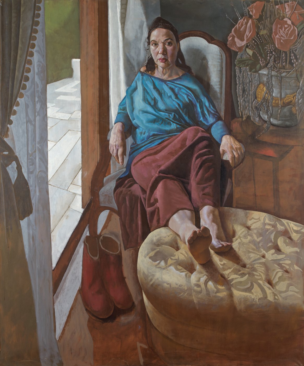 Aris Mertilis, The Afternoon (Το απόγευμα), oil on canvas. Woman in a turquoise blouse, bare feet on a pouf, by an open balcony door.
