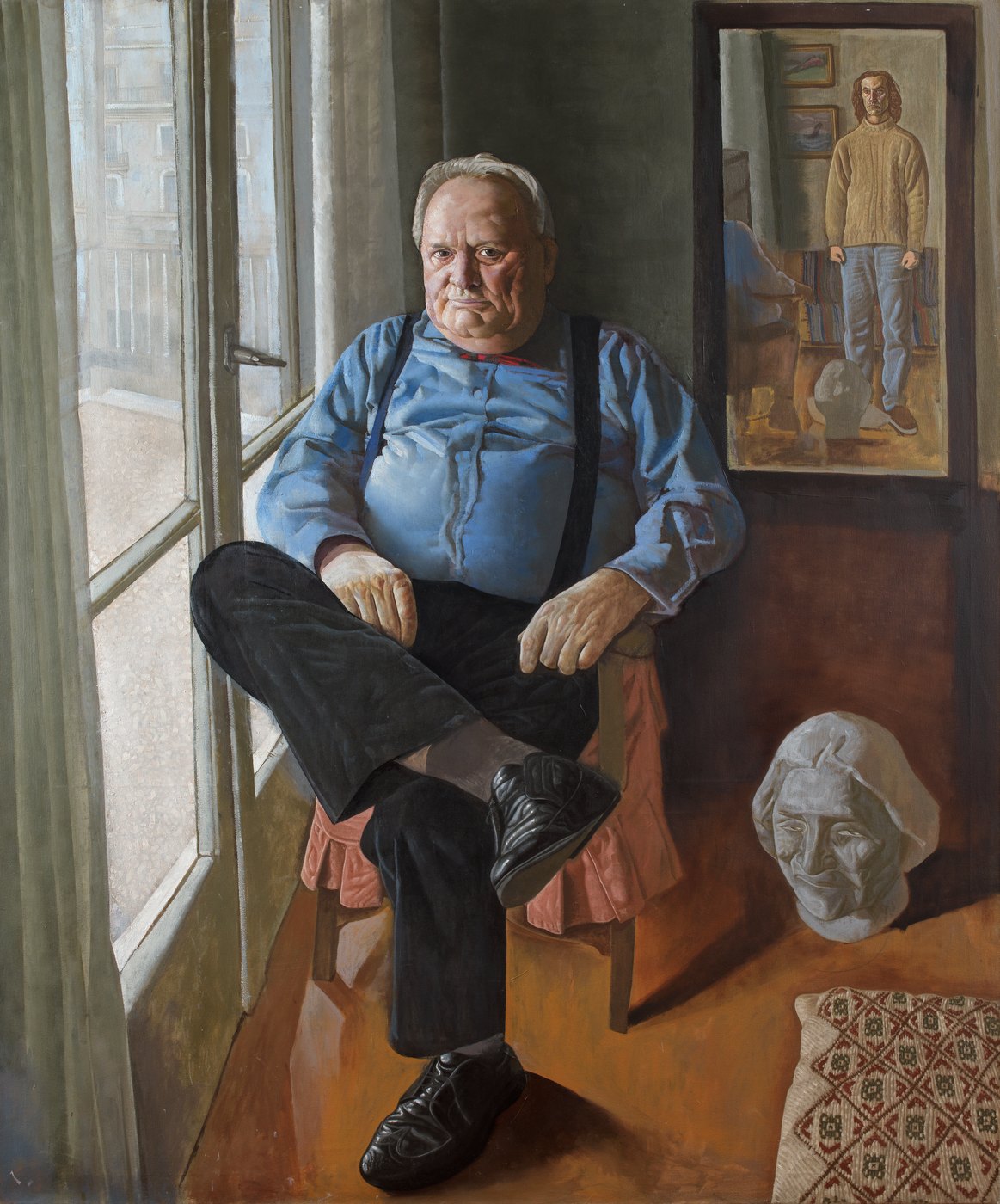 Aris Mertilis, Presence (Παρουσία), oil on canvas. Older man in braces by a balcony window, a plaster head on the floor.