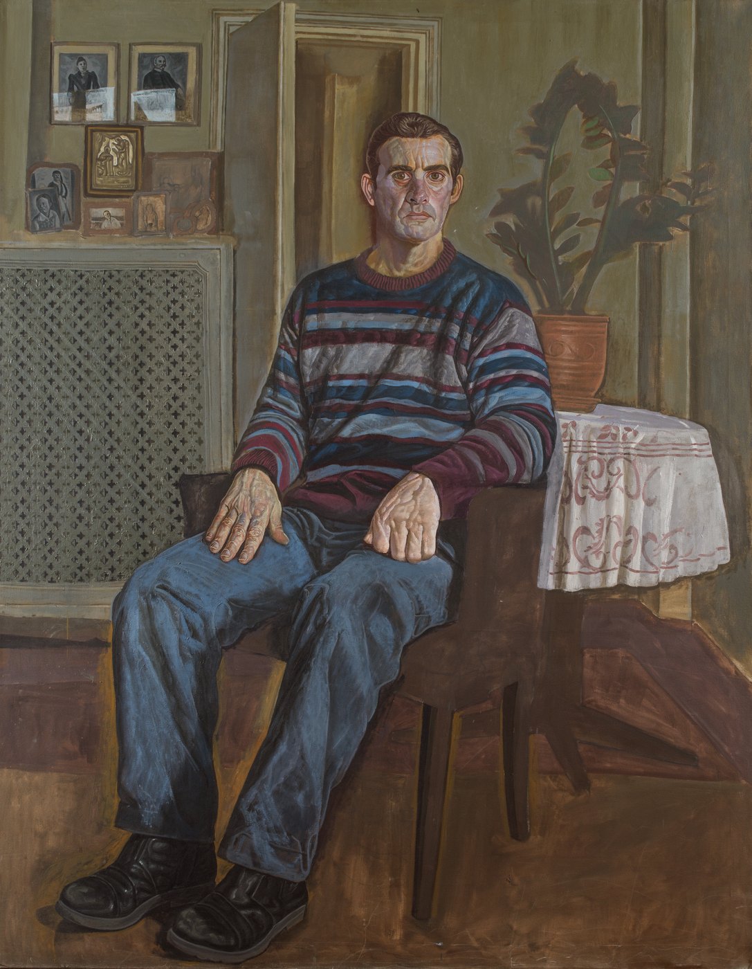 Aris Mertilis, The Inhabitant (Ο Κάτοικος), oil on canvas. Man in a striped jumper beside a small table with a lace cloth.