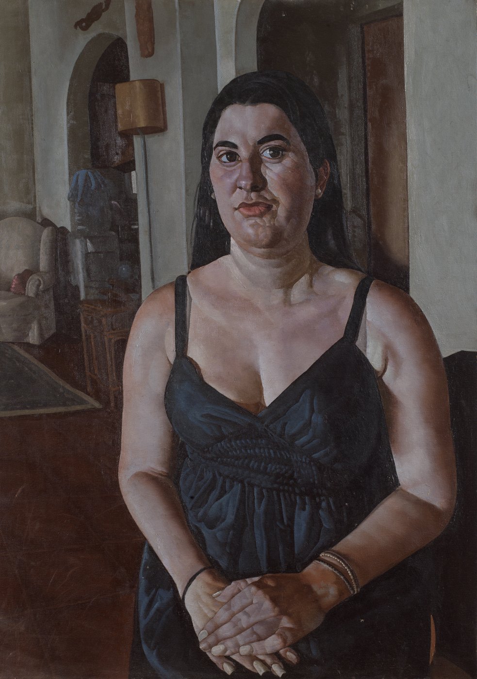 Aris Mertilis, While She Waits (Ενώ περιμένει), oil on canvas. Woman with long dark hair in a black dress, hands clasped.