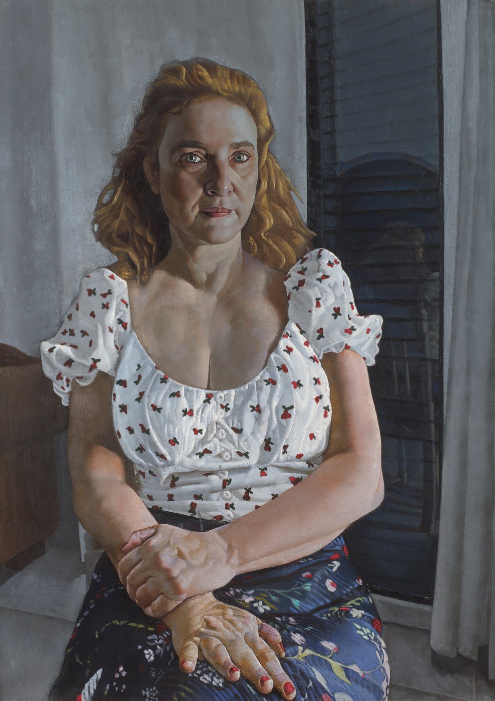 Aris Mertilis, After the Light (Μετά το φως), oil on canvas. Woman in a white patterned blouse, hands crossed, shutters behind.