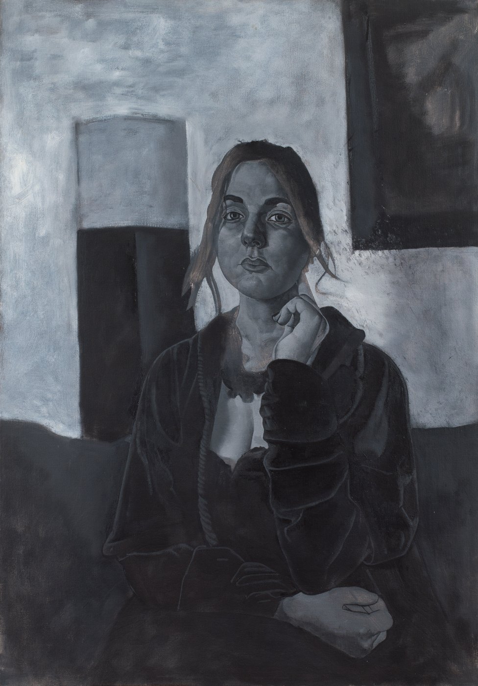 Aris Mertilis, The Wait (Η αναμονή), oil on canvas. Young woman resting her chin on her hand, painted in greys.