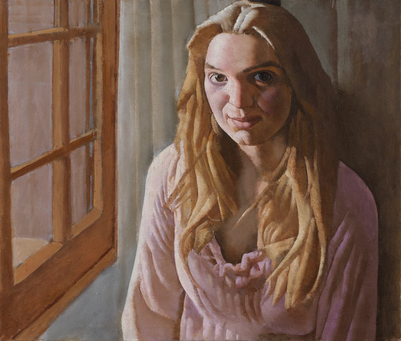Aris Mertilis, Outward (Προς τα έξω), oil on canvas. Young woman with long fair hair by a window.