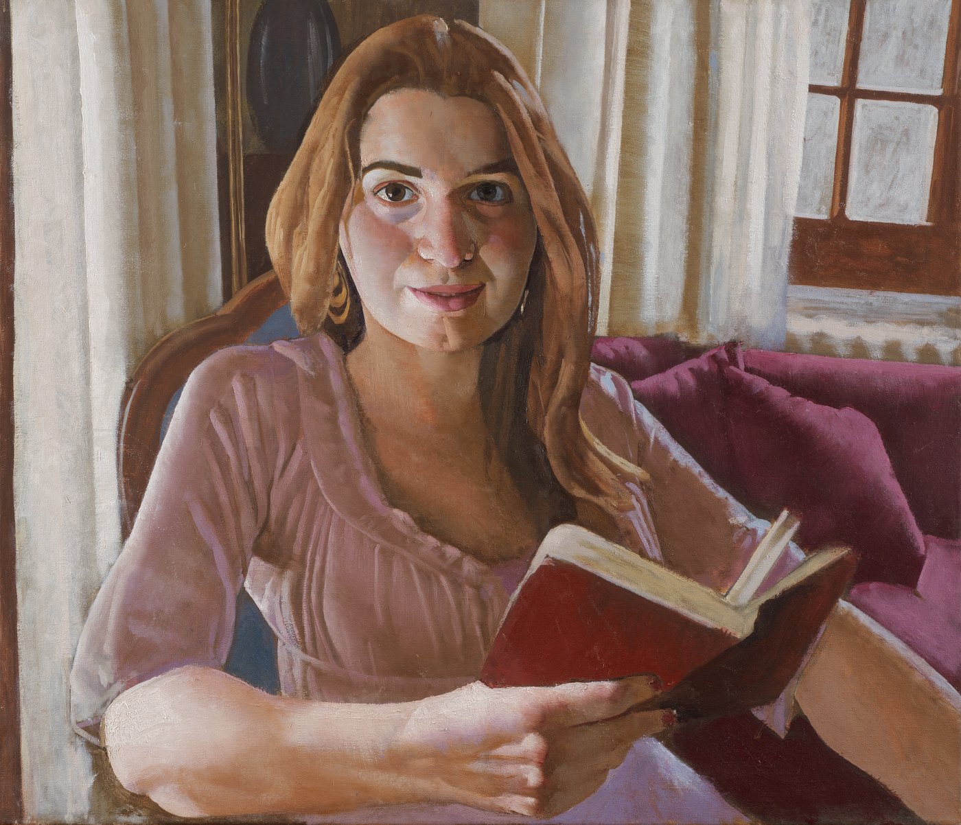 Aris Mertilis, Between the Pages (Ανάμεσα στις σελίδες), oil on canvas. Young woman reading a red book.