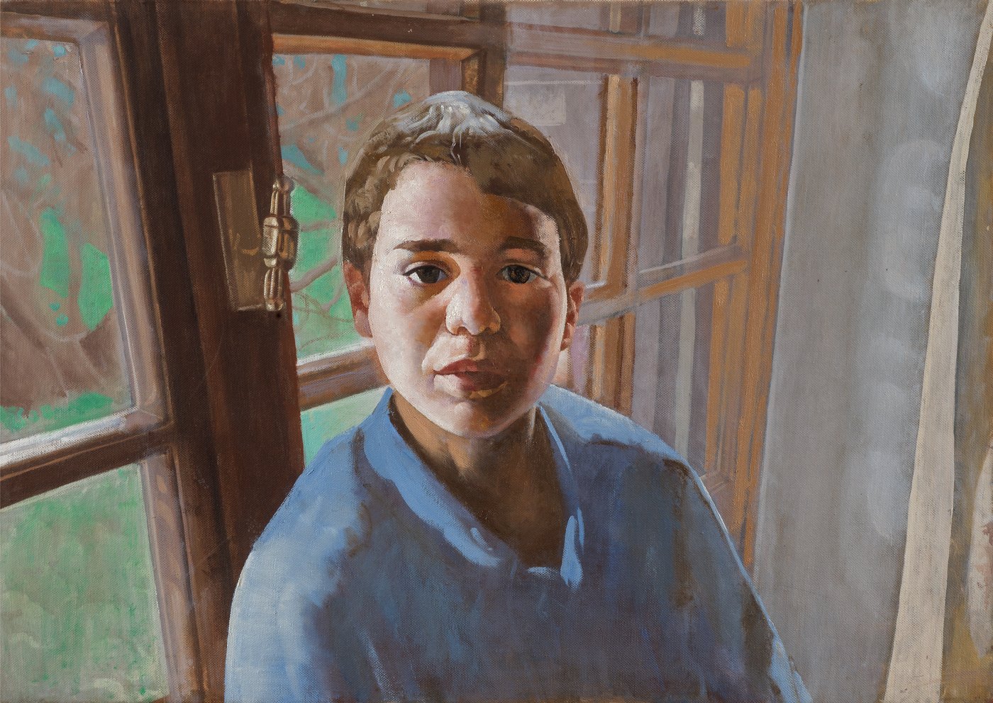Aris Mertilis, From the Other Side (Από την άλλη πλευρά), oil on canvas. Boy in a blue shirt at an open window, garden beyond.