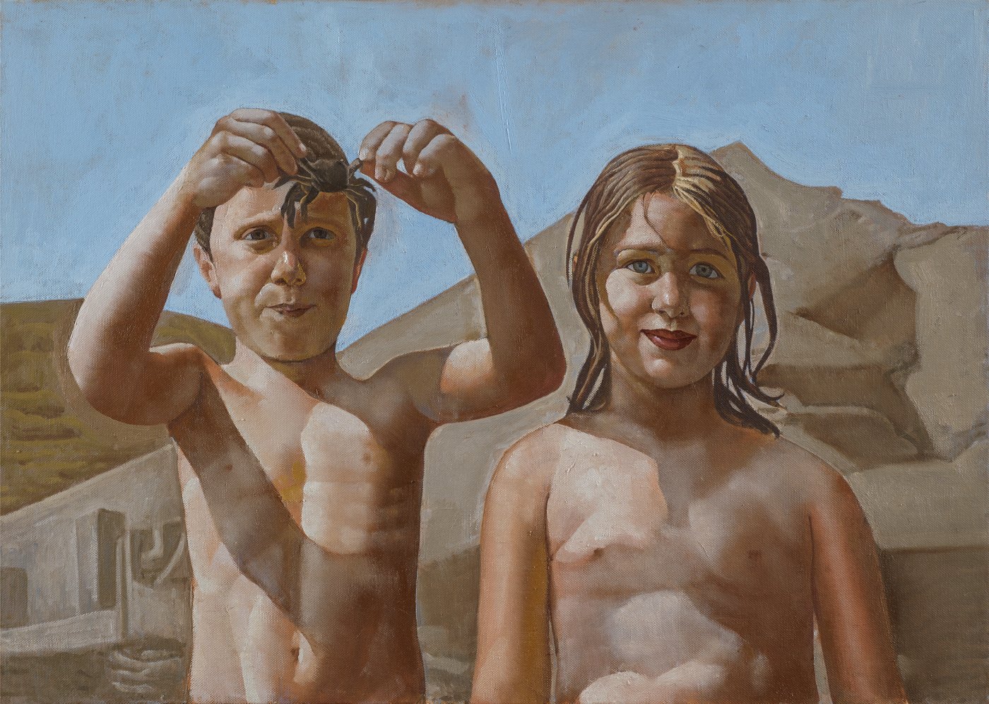 Aris Mertilis, Before Time Passes (Πριν περάσει ο καιρός), oil on canvas. Two children outdoors, bare rock and sky behind.