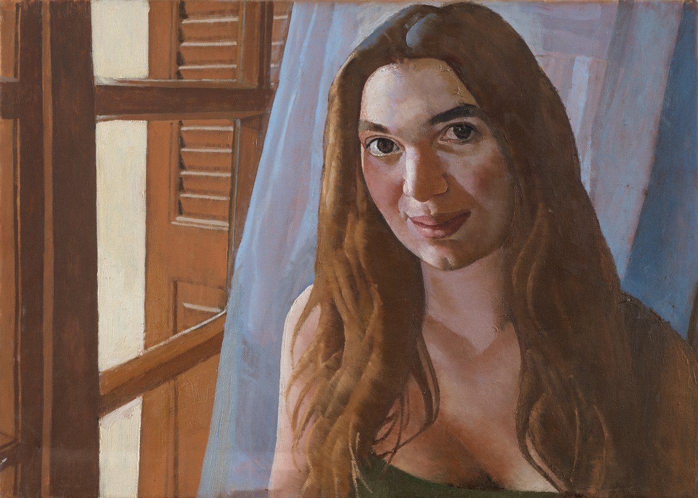 Aris Mertilis, She (Εκείνη), oil on canvas. Young woman with long auburn hair, open shutters and a blue curtain.