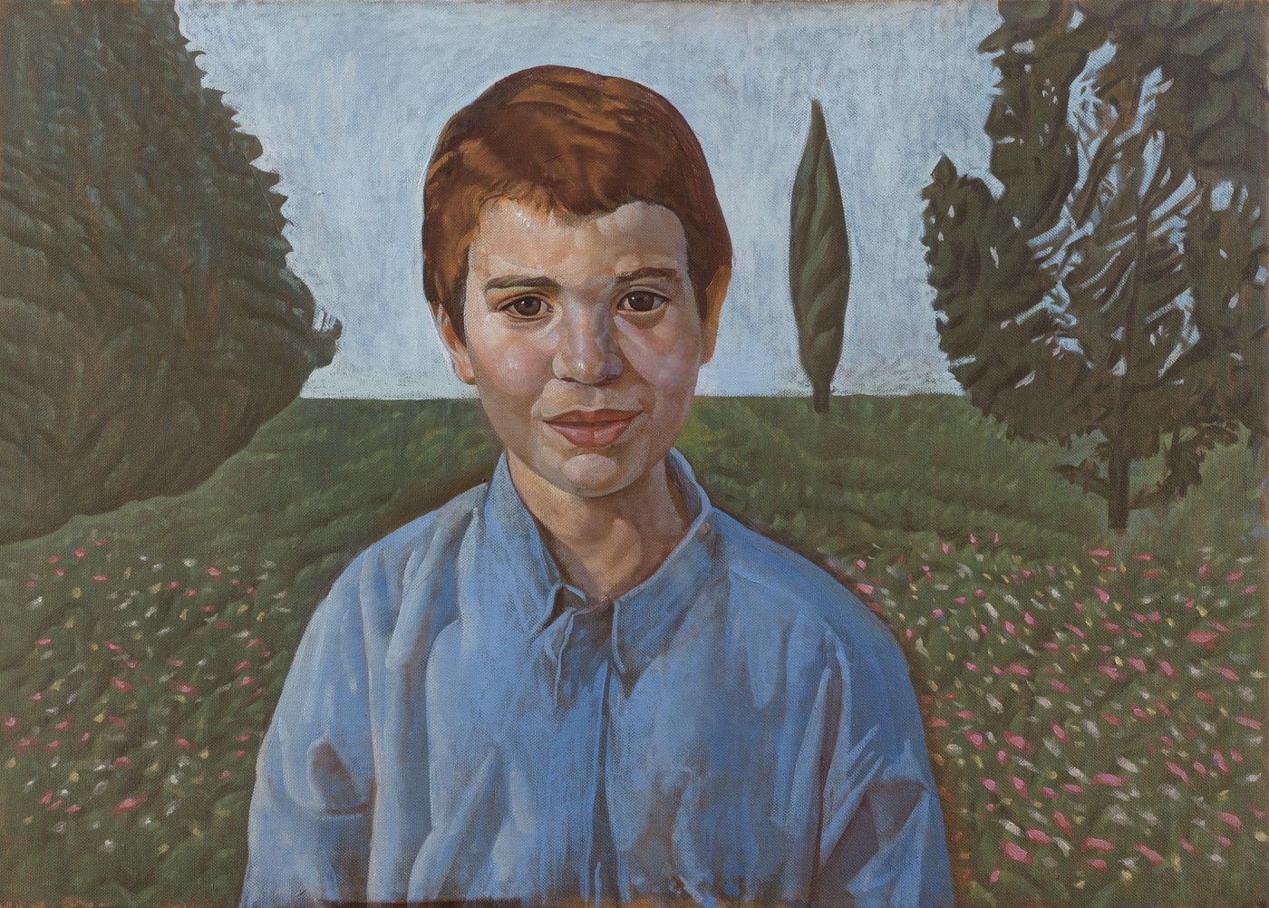 Aris Mertilis, The Little Man (Ο μικρός άνθρωπος), oil on canvas. Boy in a blue shirt in a flowering field with cypresses.