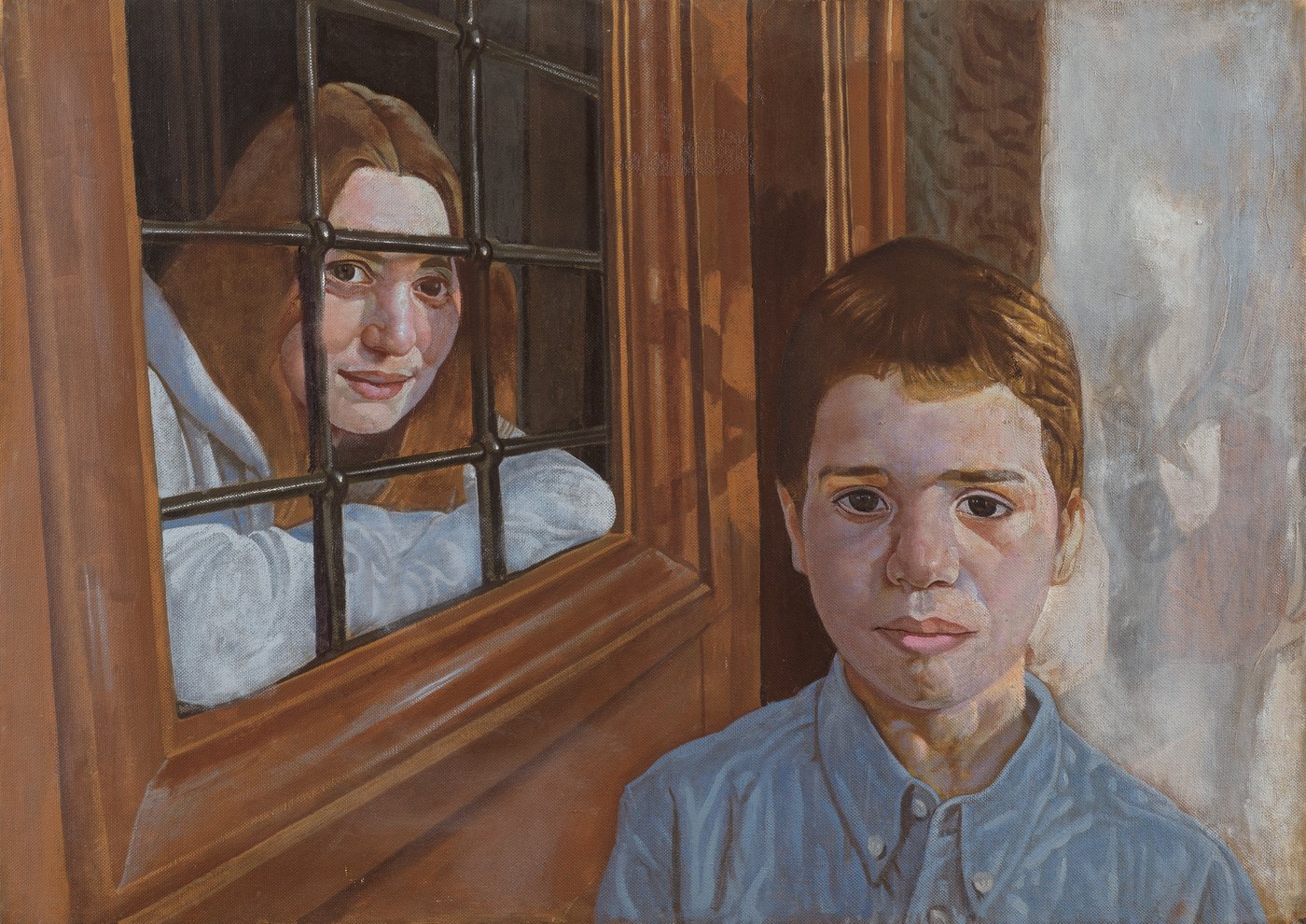 Aris Mertilis, Between (Ανάμεσα), oil on canvas. Boy in a blue shirt, a young woman looking out through a barred window.
