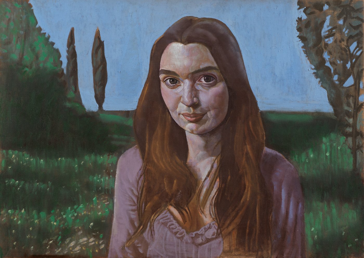 Aris Mertilis, The Distance (Η απόσταση), oil on canvas. Young woman in mauve before a landscape with cypresses.