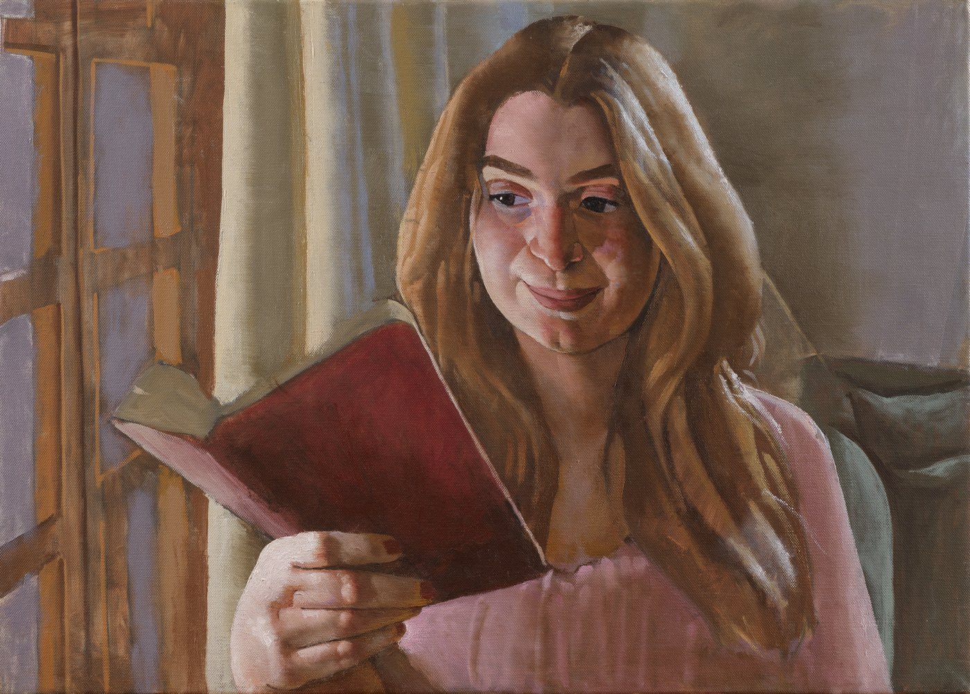 Aris Mertilis, Inner Hour (Εσωτερική ώρα), oil on canvas. Young woman smiling over a red book by a window.